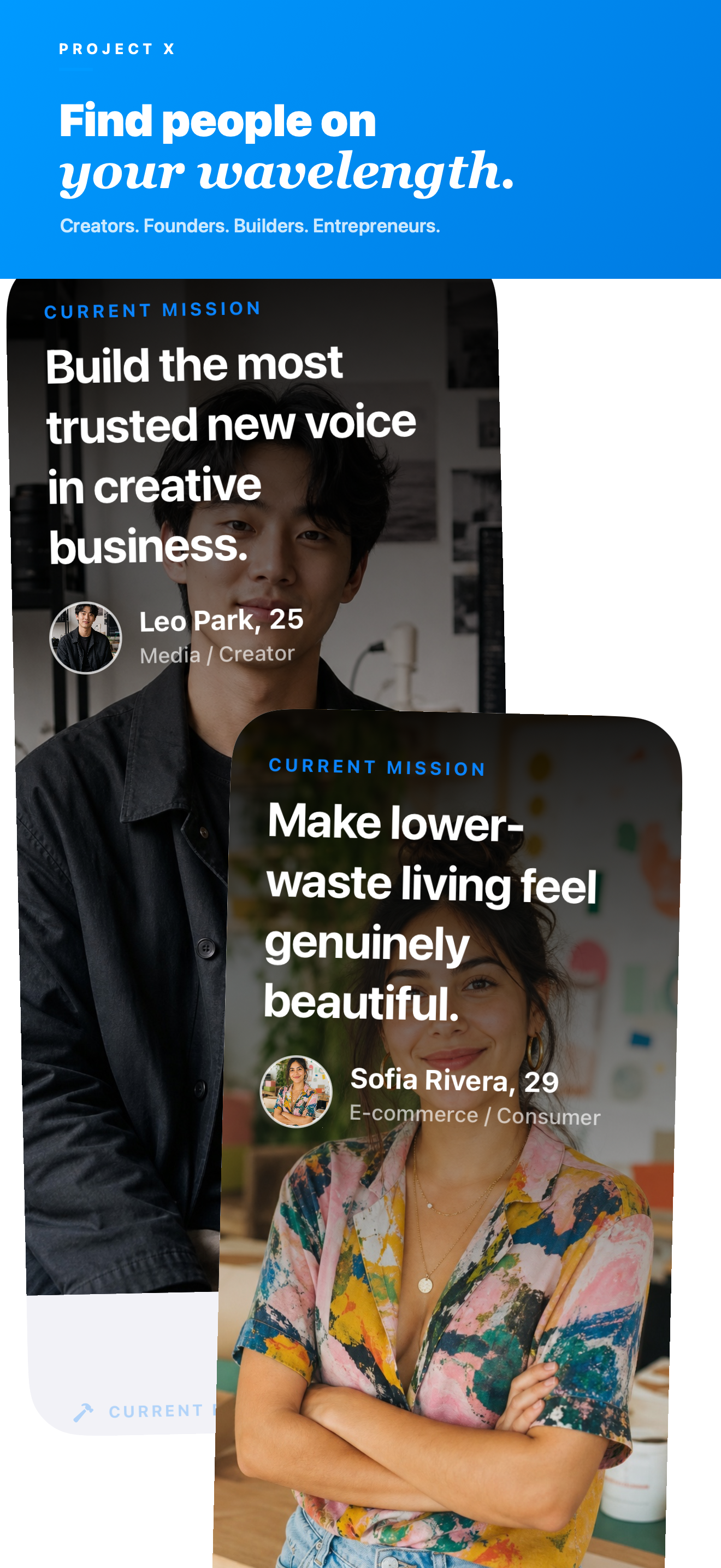 Two overlapping fictional Project X profiles for Leo and Sofia