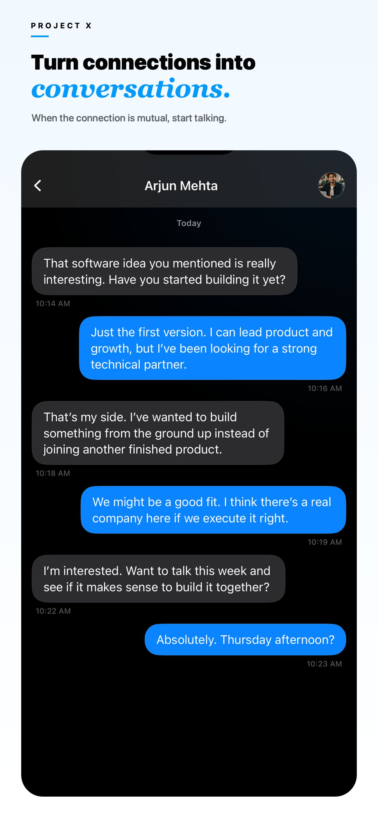 A fictional Project X conversation between potential startup collaborators
